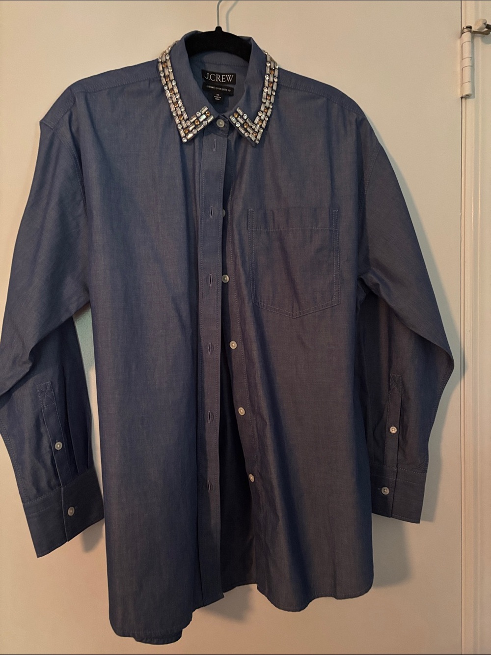 J. Crew Women XS Etienne Oversized Fit Blue Button-Up Shirt Embellished Collar